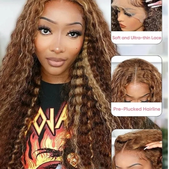 16" 100% Human Hair 13x6 Lace Front Wig Honey Brown Blonde Water Wave Curly - Picture 2 of 14